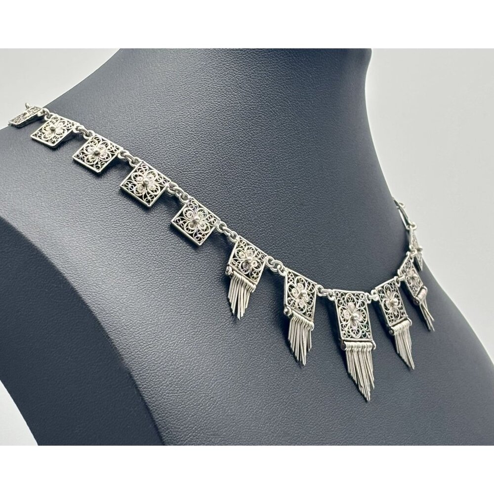 Vintage European Silver Delicate Filigree Squares Components With Dangles Collar - Picture 7 of 13